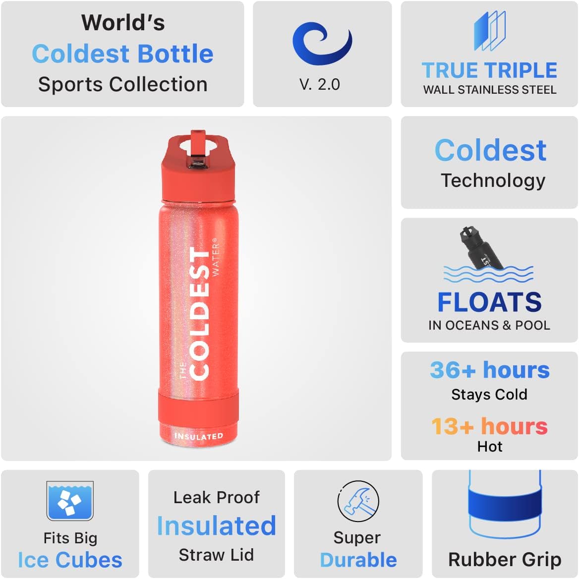 Coldest Insulated Water Bottle with Straw Lid - Stainless Steel Metal Insulated Bottle for Men & Women (Mars Red Glitter, 24 oz)