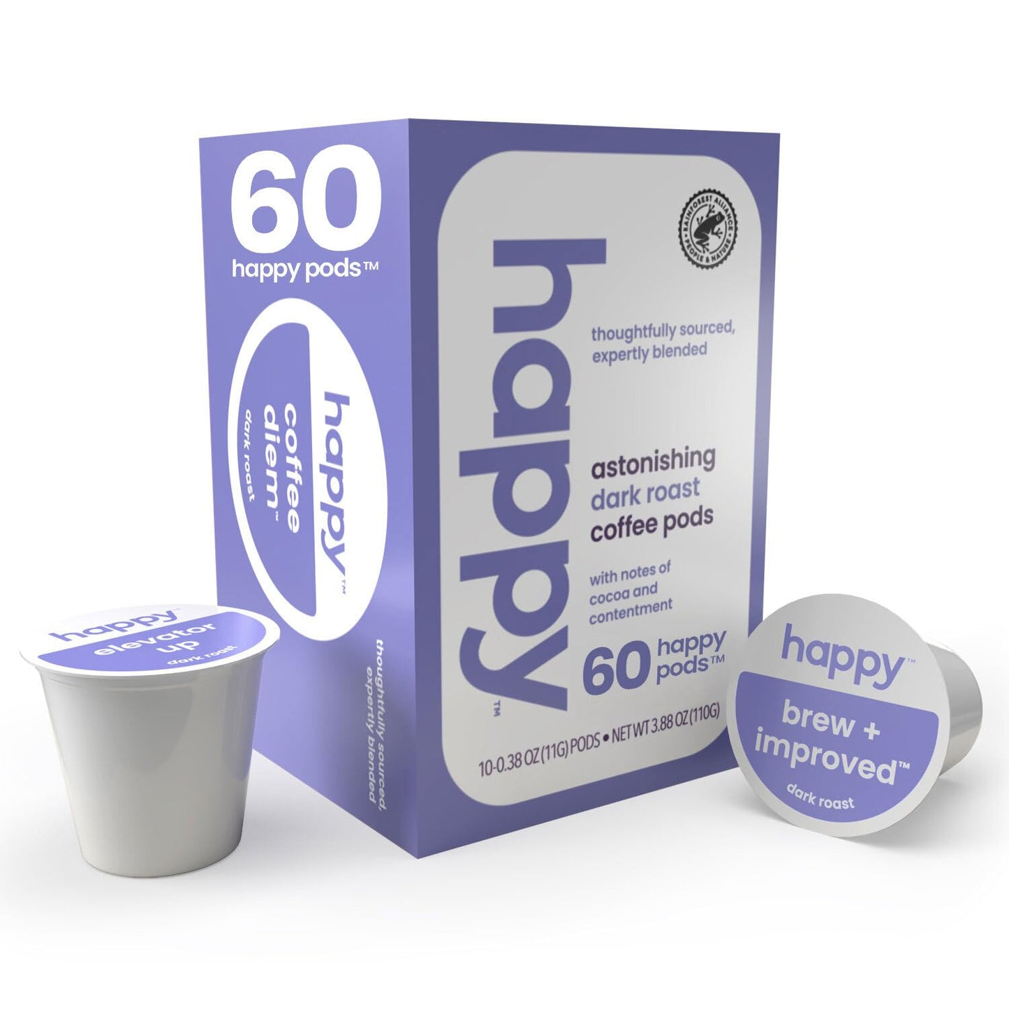 happy coffee dark roast coffee pods, 60 count, notes of cocoa & contentment, compatible with most K-cup brewers, rainforest alliance certified