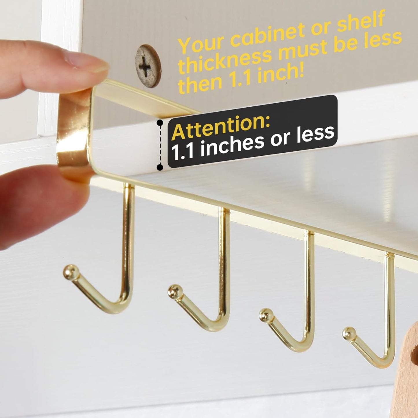 2pcs Mug Organizer for Kitchen Cabinets,Under-Shelf Coffee Cup Mug Rack with 6 Hooks,Fit for 1.1 Inch Thickness Shelf or Less,Suitable for Holder Hanger for Cups/Keys Storage/Scarf.Gold