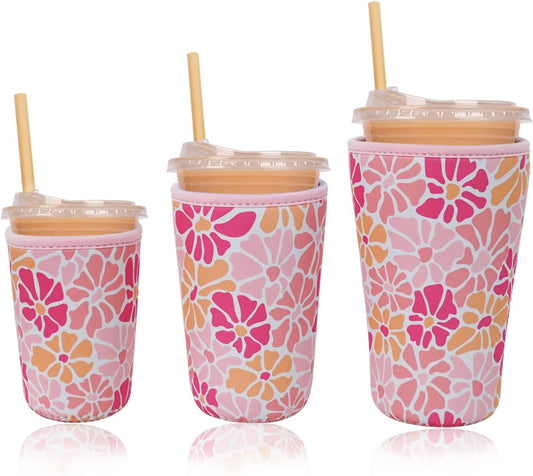 Reusable Insulated Neoprene Iced Coffee Cup Sleeve, Durable Drink Sleeve for Cold Beverages, Beverage Holder for Iced Coffee, Blush Petals