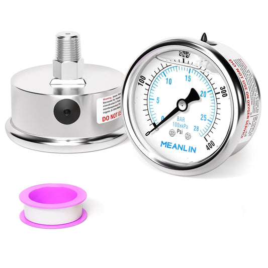MEANLIN MEASURE 0~400Psi Liquid Filled Pressure Gauge Stainless Steel with 316 Stainless Steel Joint 1/4" NPT 2.5" FACE DIAL for Air Compressor Air Regulator Water Filter Center Back Mount