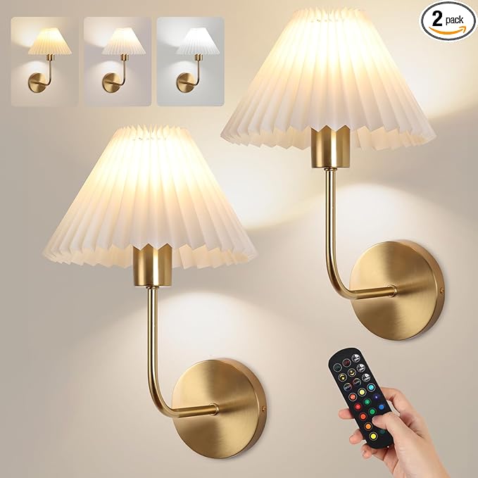 Wireless Wall Sconce Sets of 2, Pleated Shades Rechargeable Battery Operated by KELUOLY