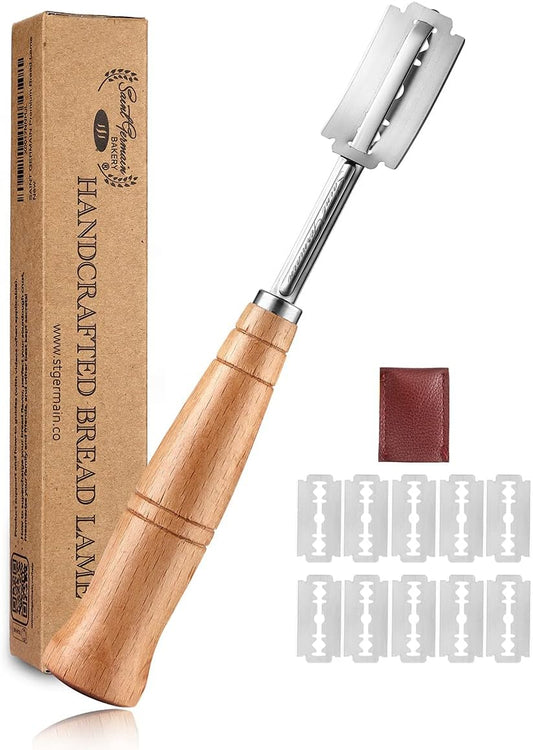 SAINT GERMAIN Premium Hand Crafted Bread Lame for Dough Scoring Knife, Tool Sourdough Slashing with 10 Blades Included Replacement Authentic Leather Protector Cover