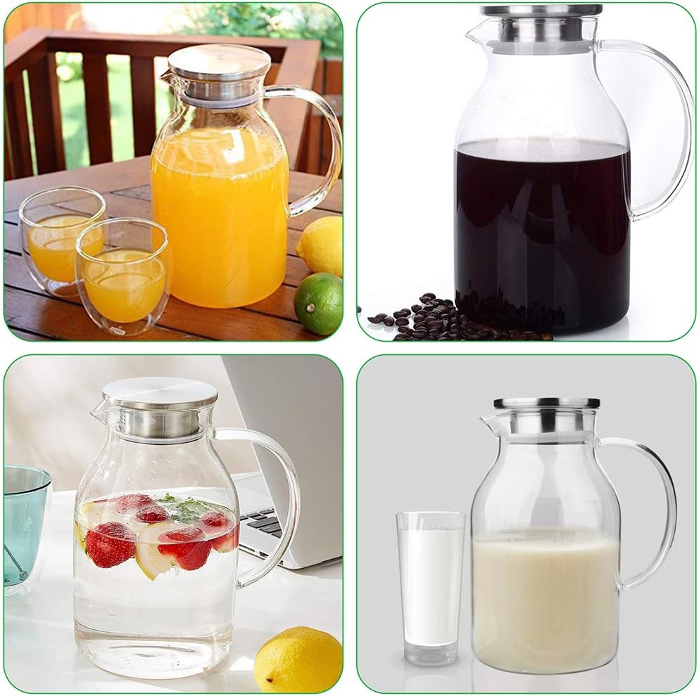 68oz Glass Pitcher with Lid and Handle - High Heat Resistance Glass Water Pitcher for Hot/Cold Water & Iced Tea (2.0L)