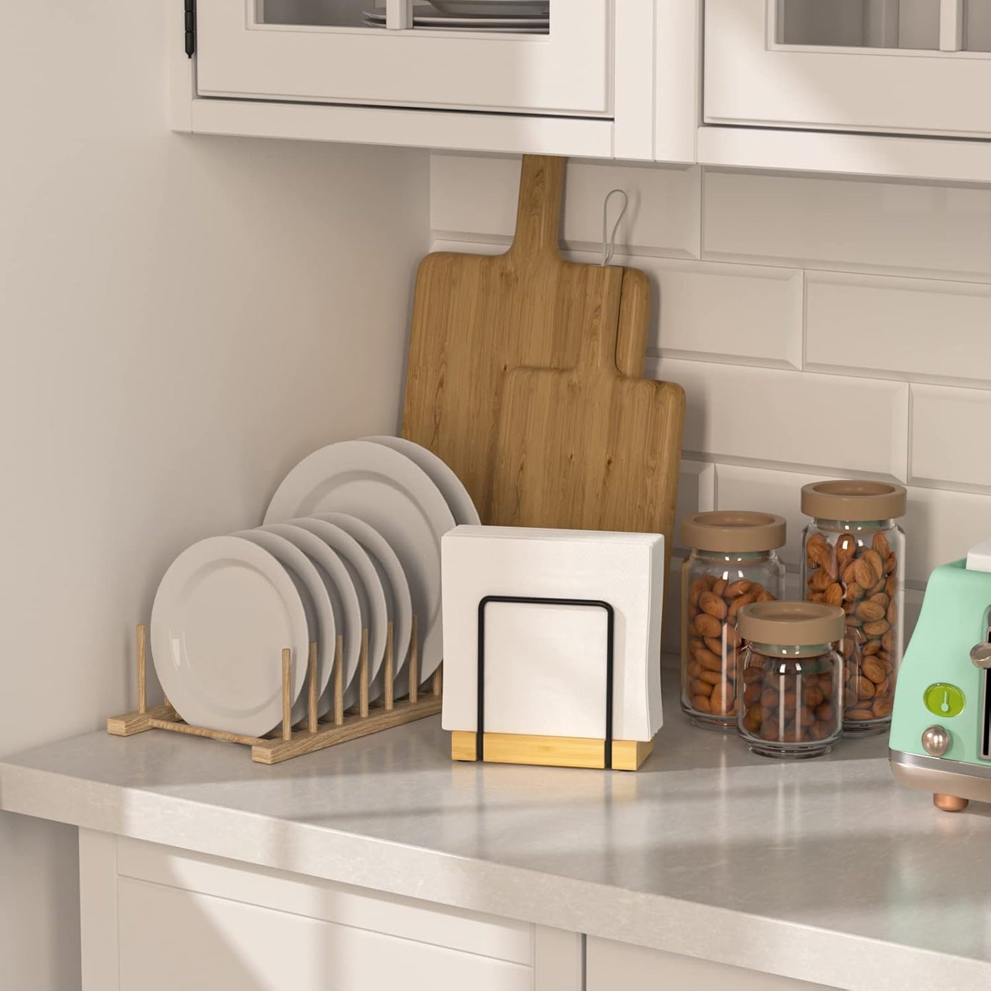 Napkin Holder for Table, Bamboo Iron Standing Napkin Dispenser for Kitchen Dining Table Farmhouse Cocktail Picnic Rustic Wood Holders for Mail Bills Suitable for All Dining Room Decors Black & Yellow