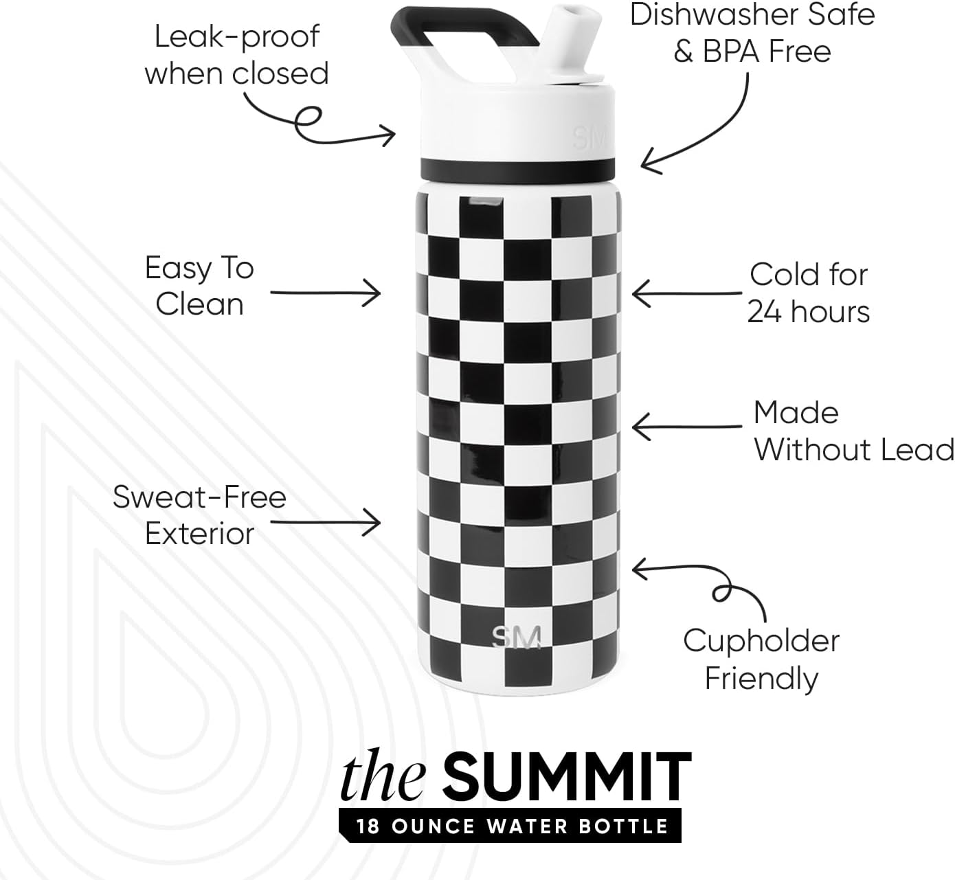 Simple Modern Kids Water Bottle with Straw Lid | Vacuum Insulated Stainless Steel Metal | Reusable Leak Proof BPA-Free Thermos for School | Summit Collection | 18oz, Black and White Checkmate
