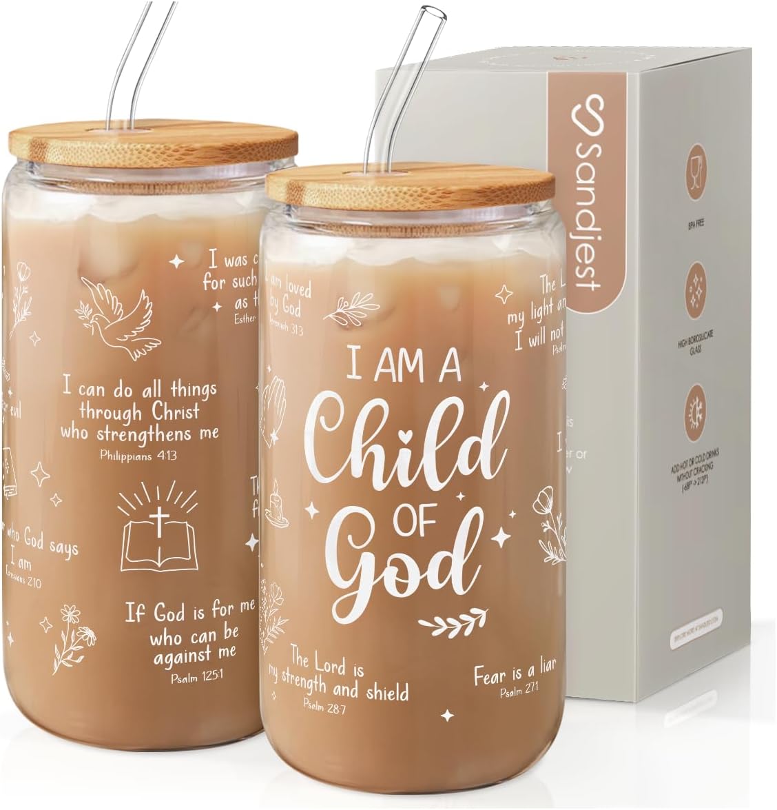 SANDJEST Christian Glass Can, I am Child of God Cup with Lid & Straw, Iced Coffee Aesthetic Cups, Idea Gift for Christmas Birthday, Gifts for Women, 16oz