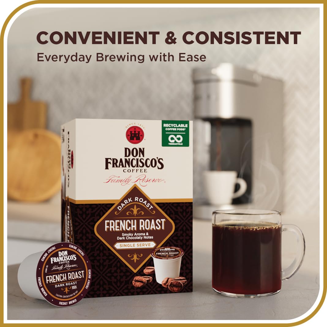 Don Francisco's French Dark Roast Coffee - 24 K-Cup Compatible Single-Serve Pods - Bold, Smoky Flavor with Chocolate Notes - 100% Arabica - Compatible with Keurig Brewers