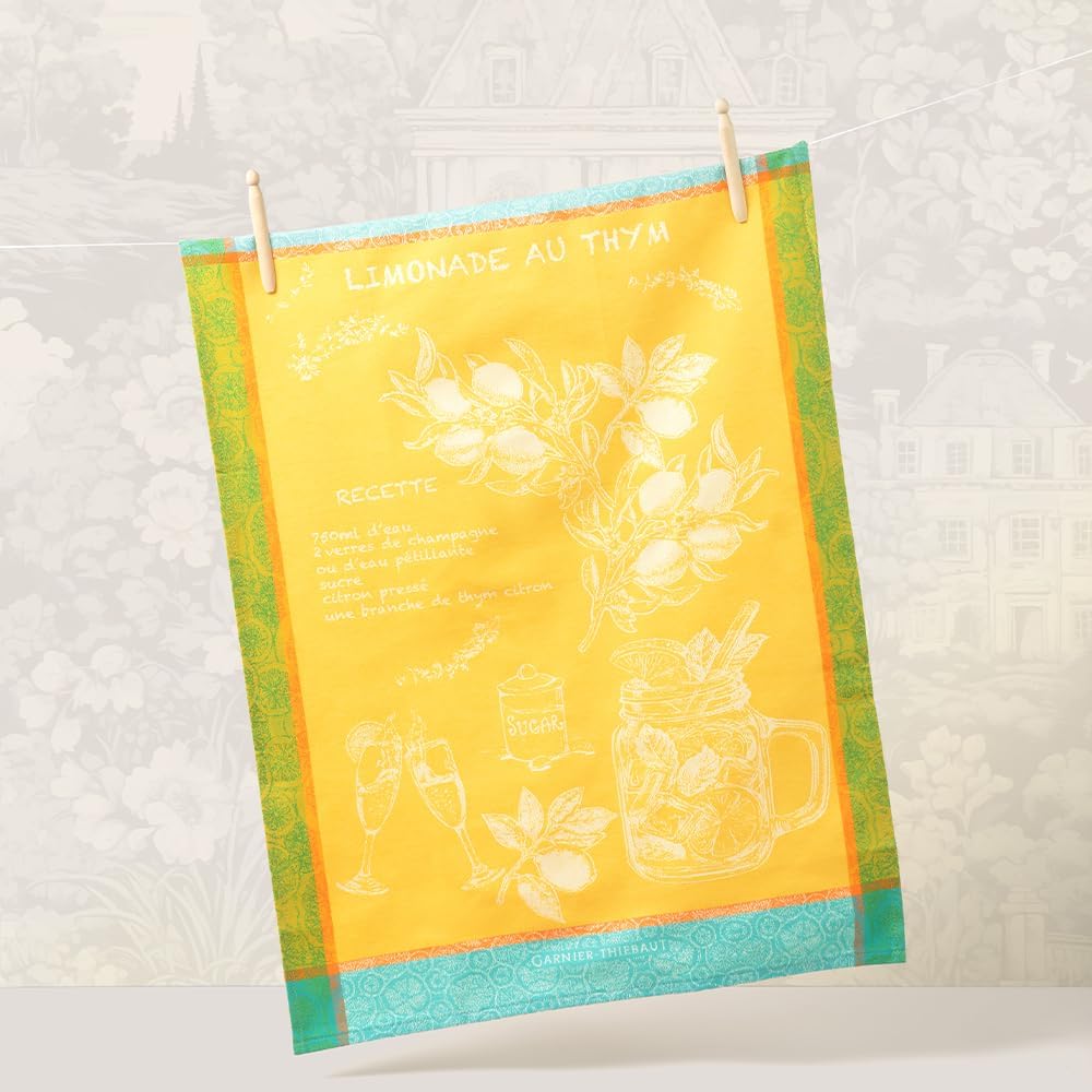 Garnier Thiebaut Limonade Au Thym Soleil (Sunny Lemonade with Thyme) French Kitchen Towel 22"x30", Cotton, Jacquard