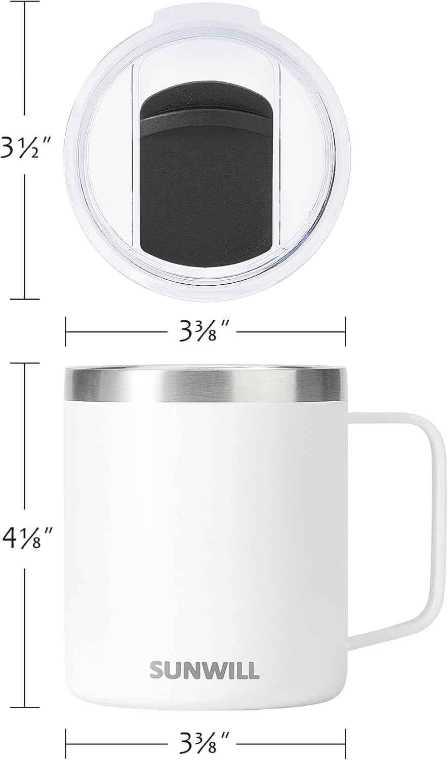 SUNWILL Insulated Coffee Mug with Lid, Travel Tumbler with Handle, 14 oz Stainless Steel Cup for Camping, Office, Home, Powder Coated White