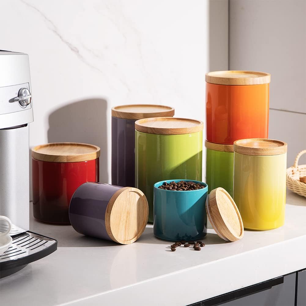 Sweejar Ceramic Food Storage Jar, Stackable Kitchen Canisters, Containers with Airtight Seal Wooden Lid for Serving Ground Coffee, Tea, Sugar, Salt and More - 28 Fl Oz (Gradient Green)