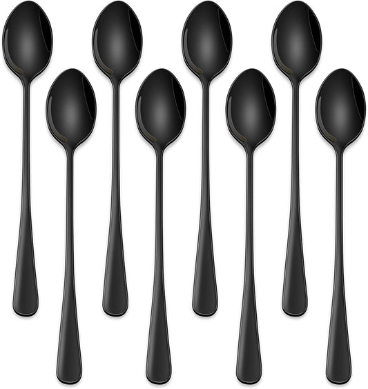 7.5 Inches Black Coffee Stirring Spoons Set,Set Of 8 Stanless Steel Iced Teaspoons,Long Handle Mixing Spoons For Cocktail And Sundae,Long Ice Cream Spoons
