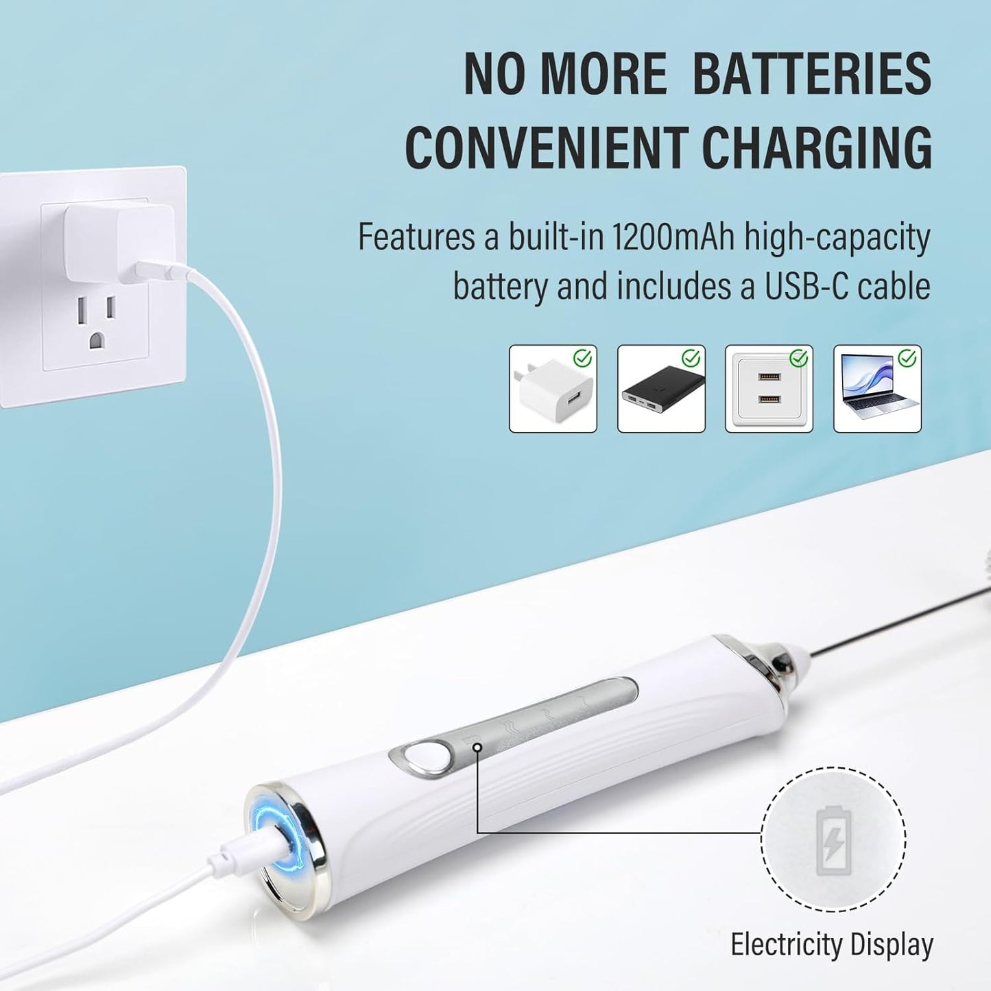 Rechargeable Milk Frother with Stand - 3 Speed Adjustable Electric Whisk, 3 Detachable Stainless Steel Heads for Latte, Cappuccino, Matcha, Egg (White)