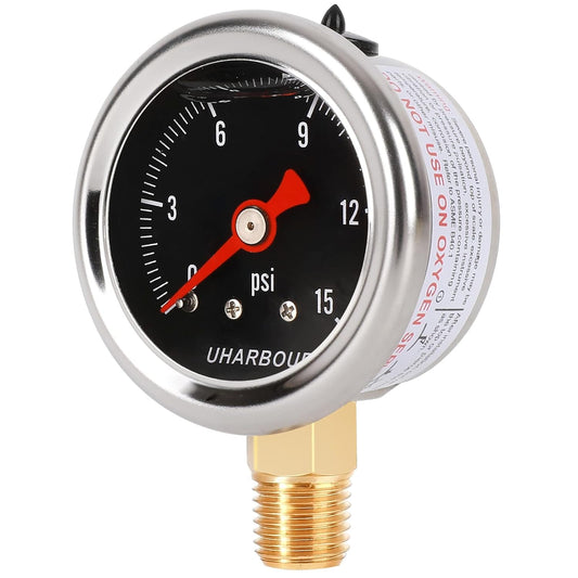 Glycerin Filled Pressure Gauge with 304 Stainless Steel Case, 1-1/2" Black Dial, 0-15Psi, High Accuracy, 1/8" NPT Center Bottom Mount……