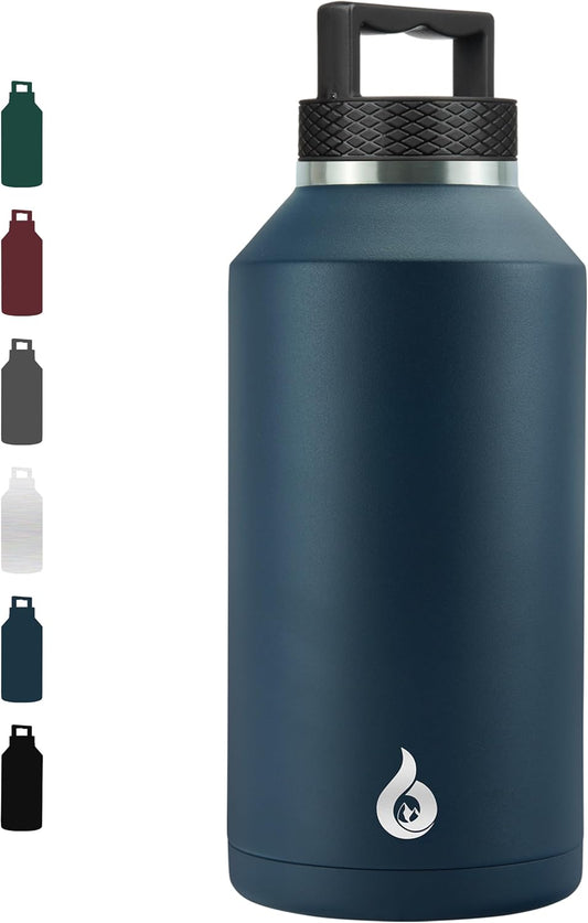 BJPKPK Half Gallon Water Bottle Insulated, Dishwasher Safe 64 oz Water Bottle with Handle, Leakproof BPA Free Water Jug, Large Stainless Steel Thermos for Sports, Navy Blue