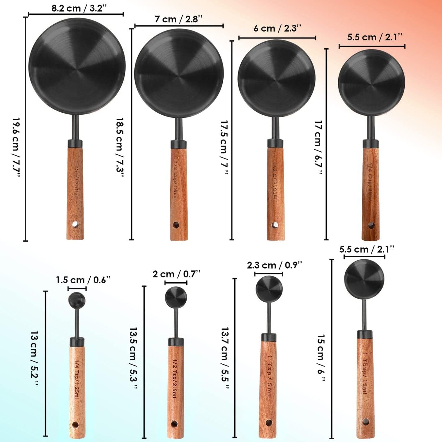 Collection 8 Piece Black Measuring Cups Set and Measuring Spoons, Golden With fragrant wood Handles-Complete Set of Measure Cups and Spoons For Cooking and Baking.