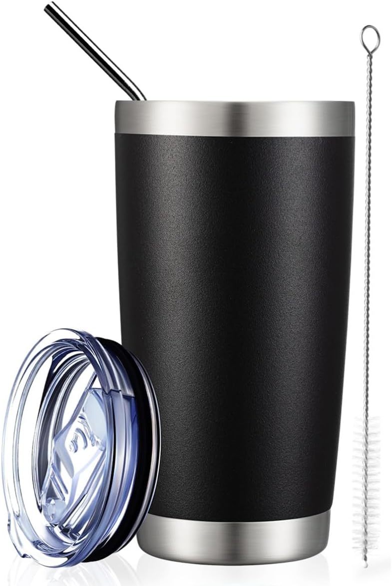 COMOOO 20oz Tumbler Stainless Steel Insulated Travel Mug Vacuum Double Wall Coffee Cup for Hot Beverage and Cold Drinks,Home and Outdoor（Black, 1 Pack）