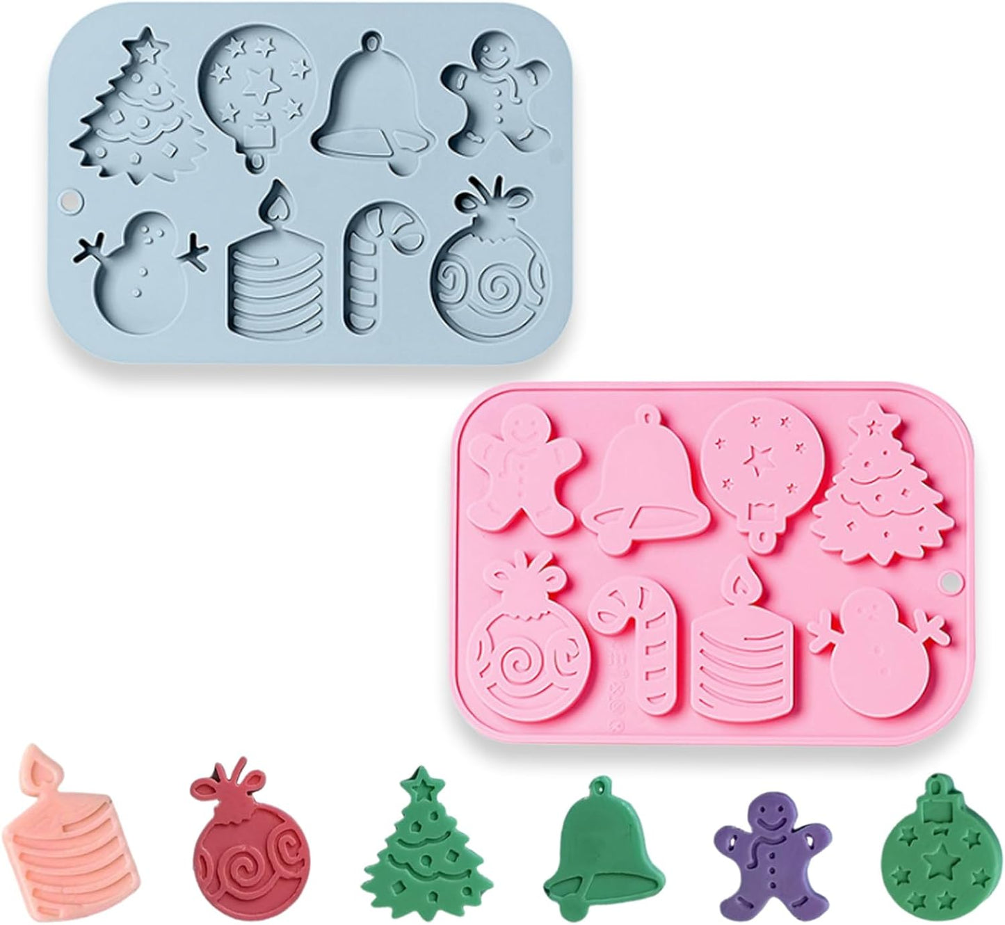 Christmas Silicone Chocolate Molds, 2 Pcs Snowman Bell Candle Gingerbread Man Walking Stick Christmas Tree and Gift Set 3D Shaped Molds, for Jelly Soap Fondant Candy Pastry Gummies Cake Decorating