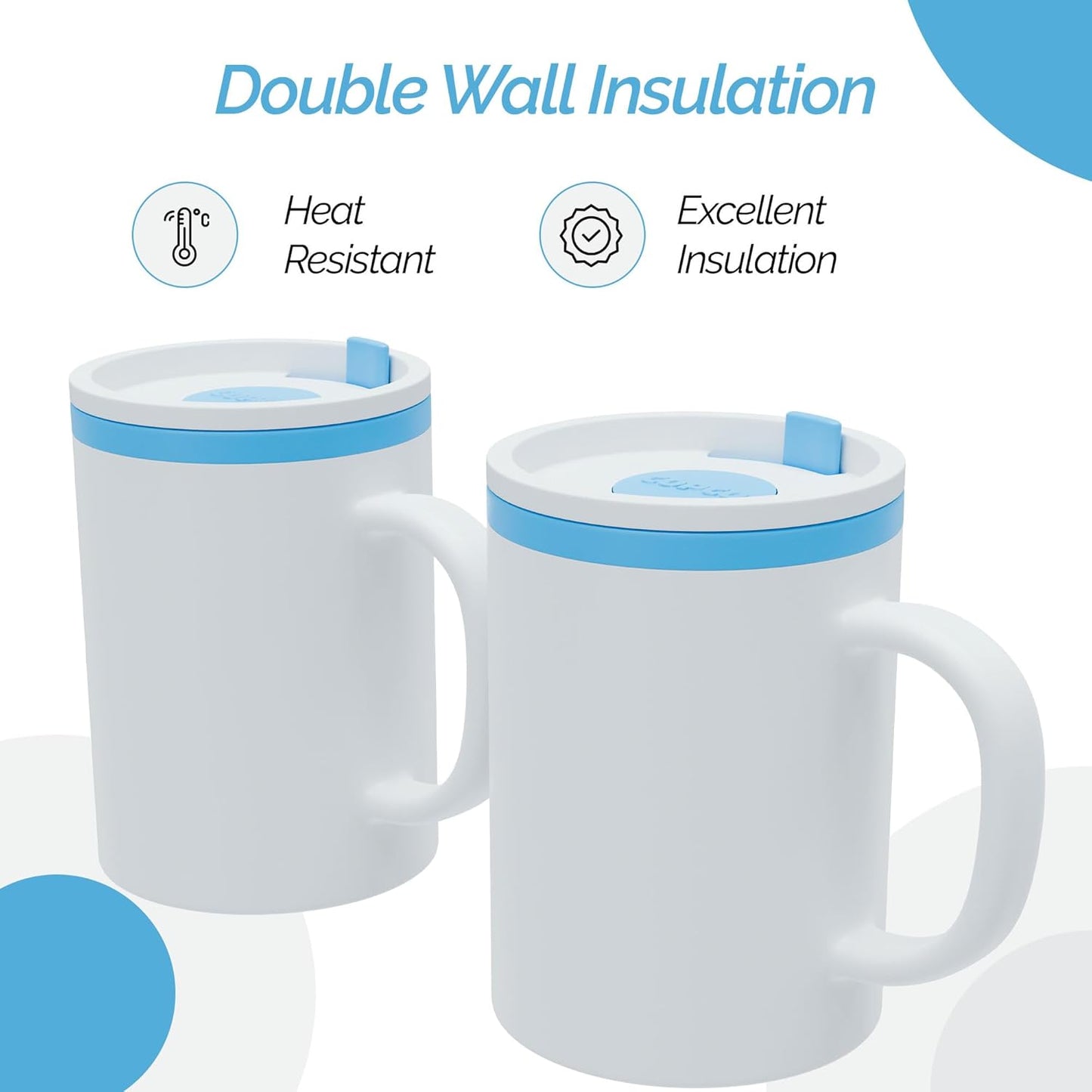 Copco Iconic 16oz Double Wall Insulated Desk Mug with Lid & Handle, Set of 2, BPA-Free Reusable Plastic, Spill-Proof, Microwave & Dishwasher Safe, Wide Mouth, Cup Holder Friendly (Teal)