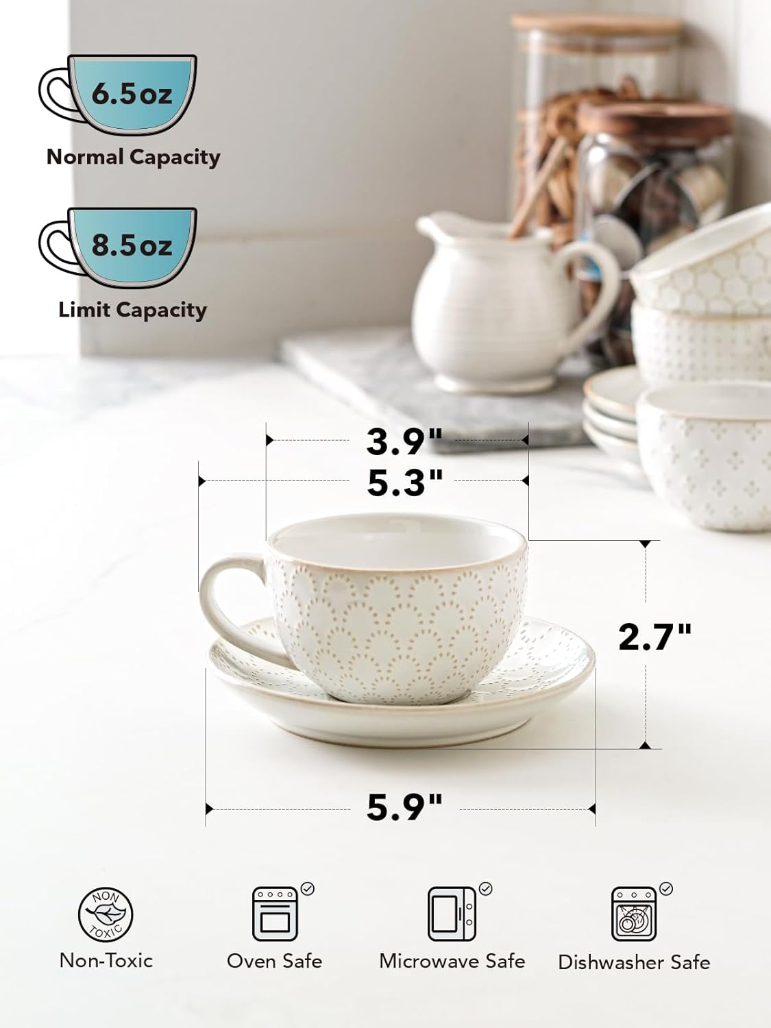 LE TAUCI Cappuccino Cups with Saucers 8 oz, Ceramic Large Coffee Cup for Au Lait, Double shot, Latte, Cafe Mocha, Tea, Dishwasher Safe - Set of 4, Arctic white