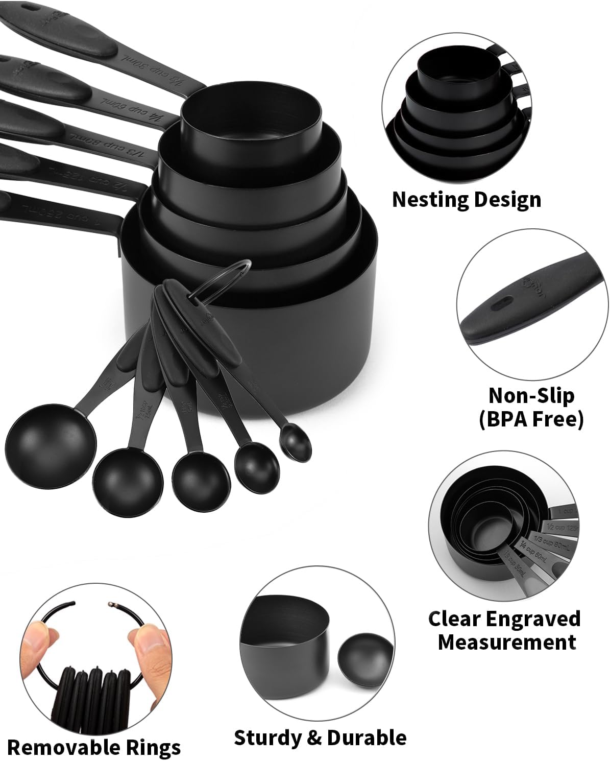 Joyhill Measuring Cups and Spoons Set of 10 Piece, Stainless Steel Measuring Cups with Soft Touch Silicone Handles, Nesting Metal Measuring Cup for Dry & Liquid Ingredients, Cooking & Baking (Black)