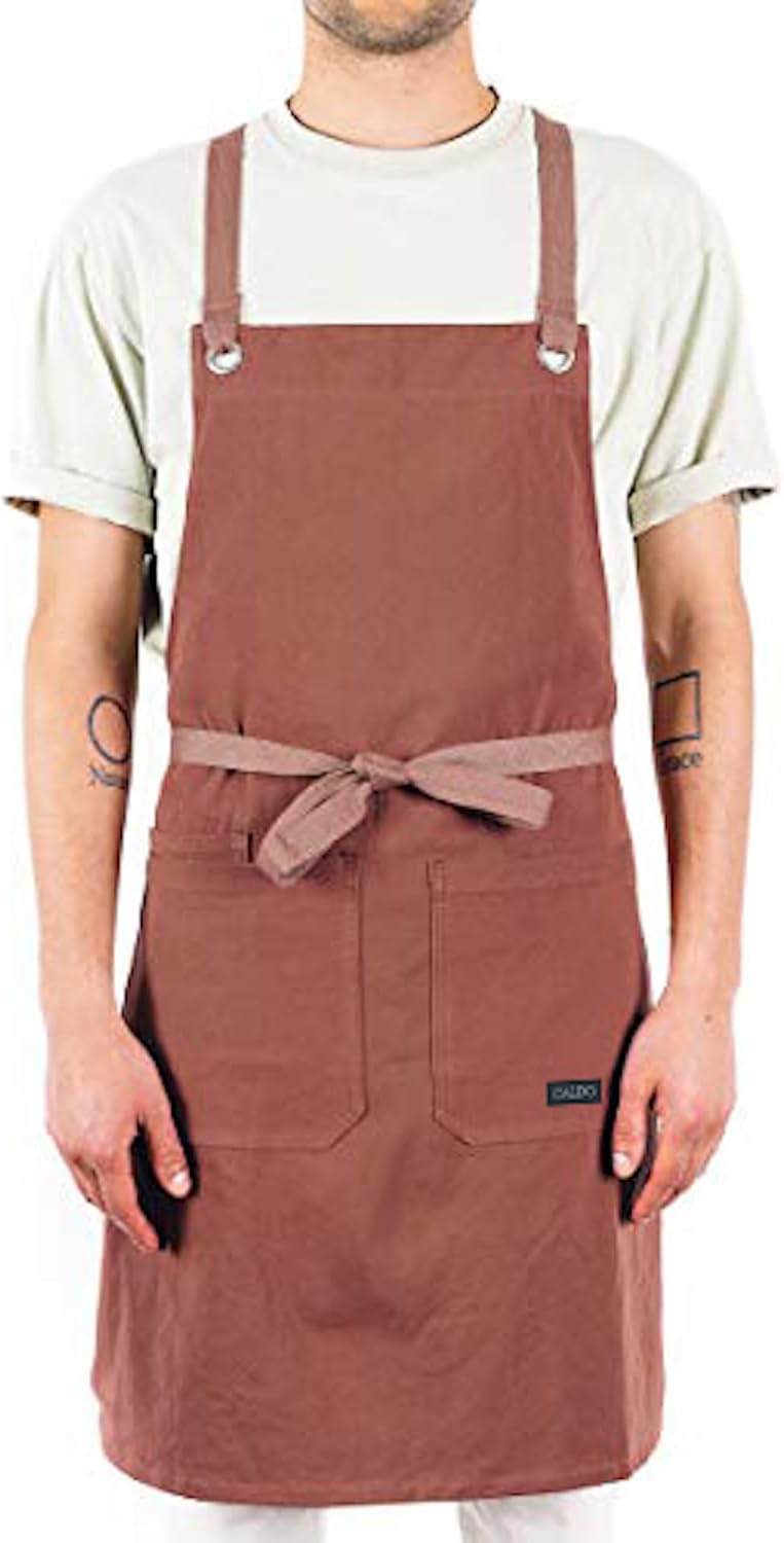 Caldo Crossback Kitchen Apron for Cooking - Mens and Womens Professional Chef or Server Bib Apron - Adjustable Crossback Style - Rustic- Midweight Cotton (Terracotta)