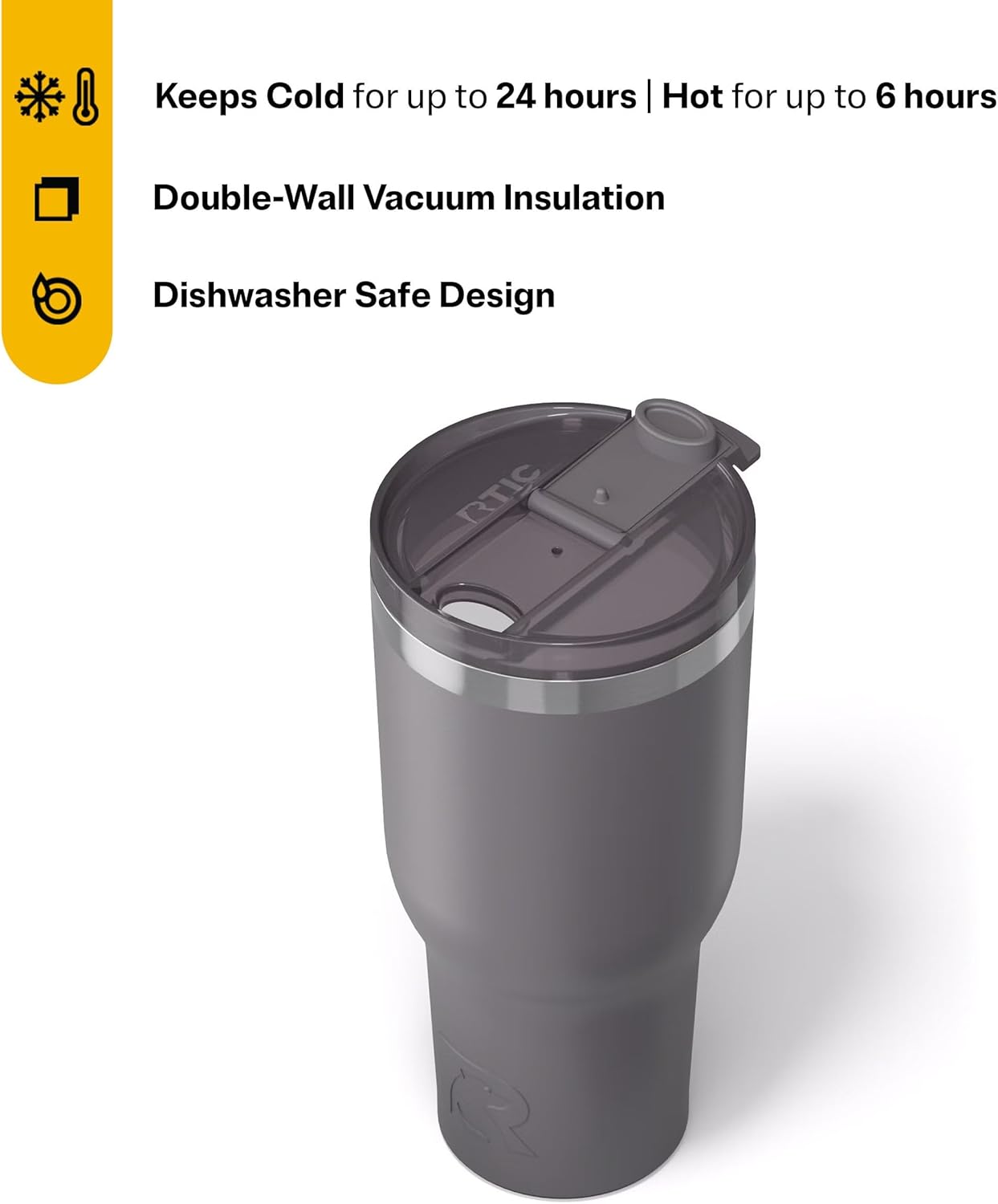 RTIC 40oz Essential Tumbler with Lid, Insulated, Stainless Steel, Metal, Double Wall Vacuum-Insulation, Ceramic Lined, Travel Cup for Iced Coffee, Tea, Hot and Cold Drink, Graphite