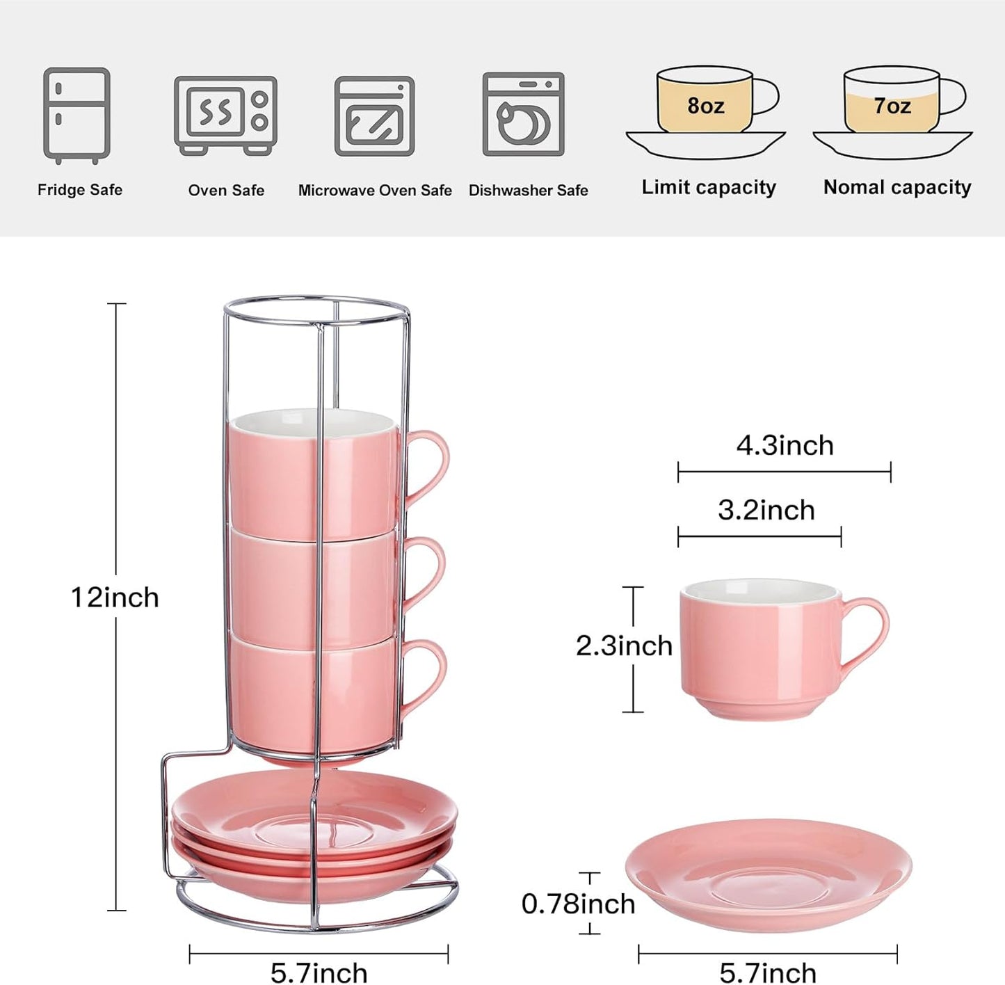 8 Ounce Porcelain Cappuccino Cups with Saucers and Silver Stand, Pink Cups Set of 4