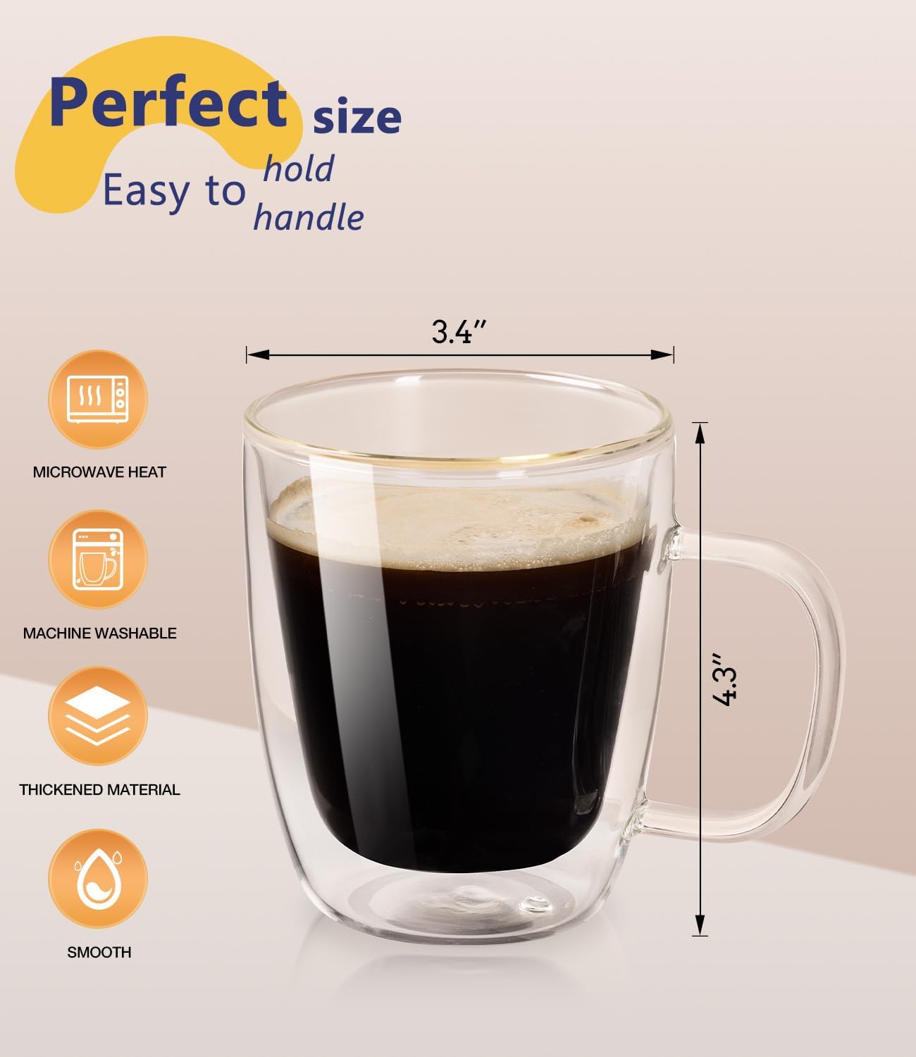 OJA Double Walled Glass Coffee Mugs Set of 4 12oz Hand Blown Clear Coffee Cup with Handle for Cappuccino, Tea Cups, Latte Espresso American Insulated, Heat Resistant Borosilicate Glass