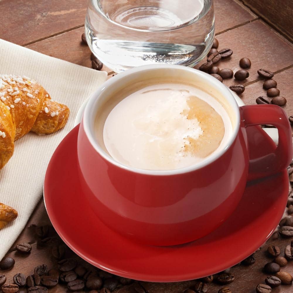 Porcelain Coffee Cup with Saucer 270ml/9oz, Minimalist Design, Perfect for Latte, Cappuccino, and Tea, Red