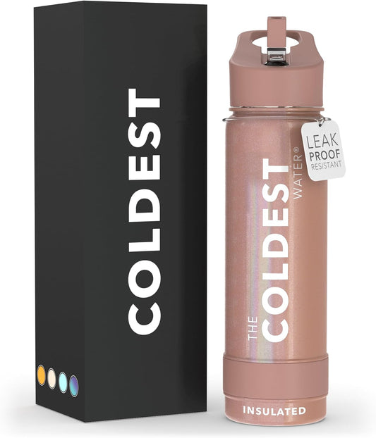Coldest Insulated Water Bottle with Straw Lid - Stainless Steel Metal Insulated Bottle for Men & Women (Golden Rose Glitter, 24 oz)