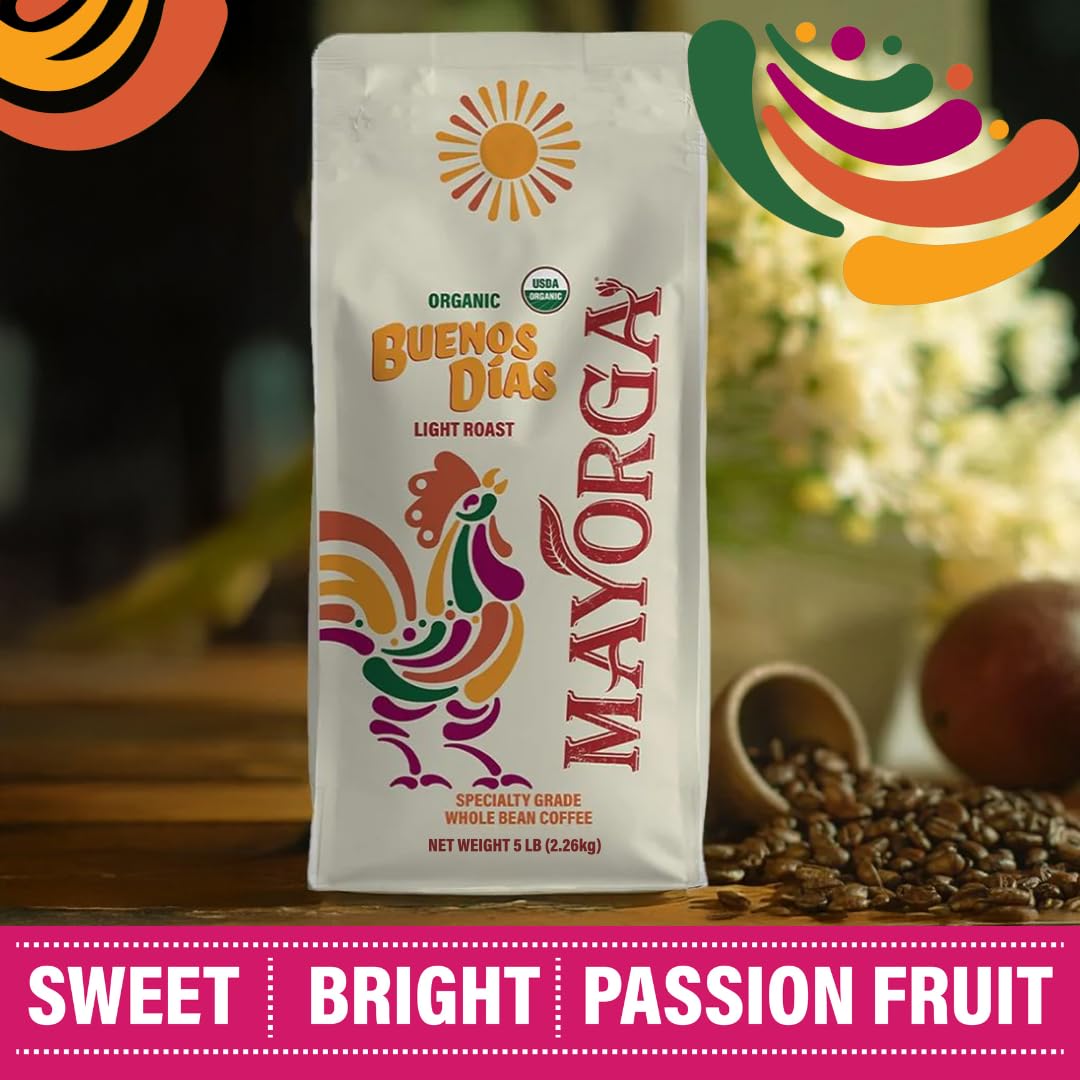Mayorga Organic Coffee 5lb Buenos Dias - Light Roast Whole Bean Coffee Specialty Grade, 100% Arabica, Slow Roasted, Citrusy and Sweet Flavor with Low Acidity - USDA Organic, Non-GMO, Kosher