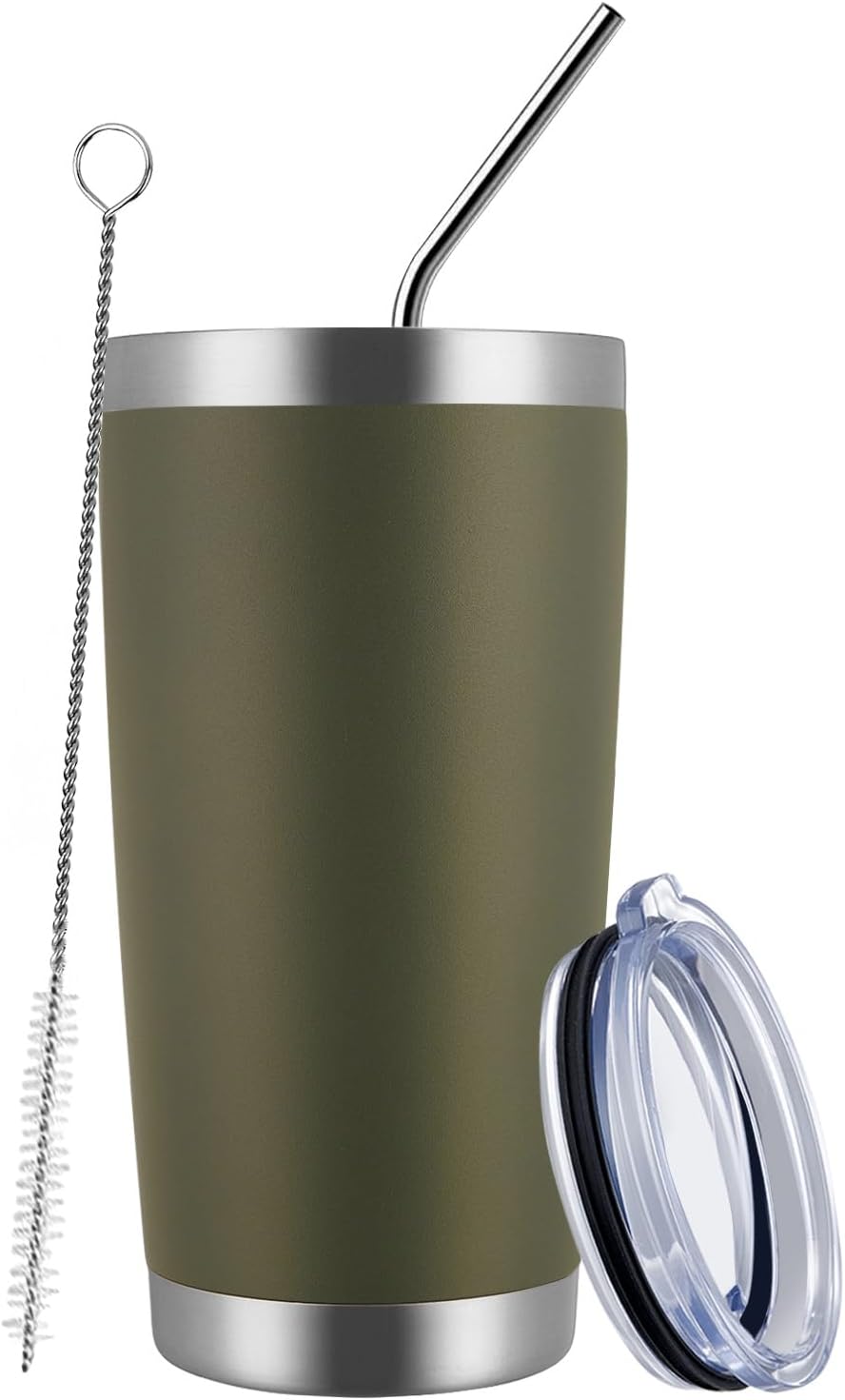 MEWAY 20oz Tumbler Cup Double Wall Vacuum Insulated Travel Mug Bulk, Stainless Steel Tumblers with Lid and Straw, Durable Powder Coated Coffee Cups for Cold & Hot Drinks (Army Green, 1)