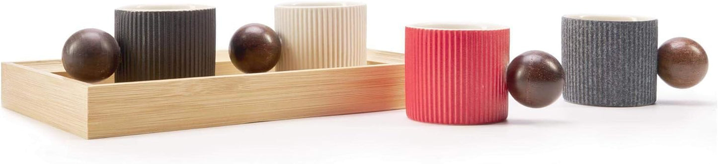 Ceramic Mini Espresso Cups Demitasse Cups with Round Wooden Handle Vertical Stripes Tea Cups (Multicolor, 4pcs)