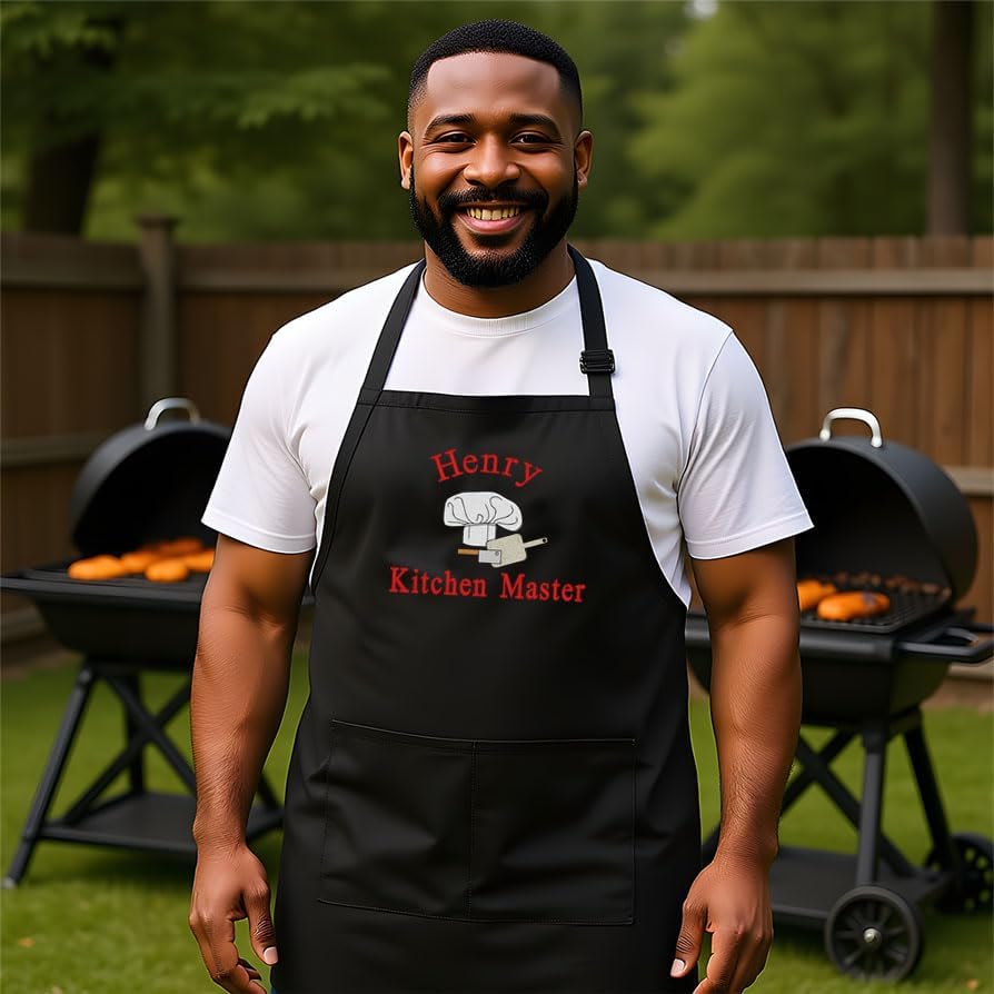 Personalized Chef Apron for Men, Custom Embroidered Design, Professional Kitchen Cooking BBQ Grilling for Dad, Decorated in USA