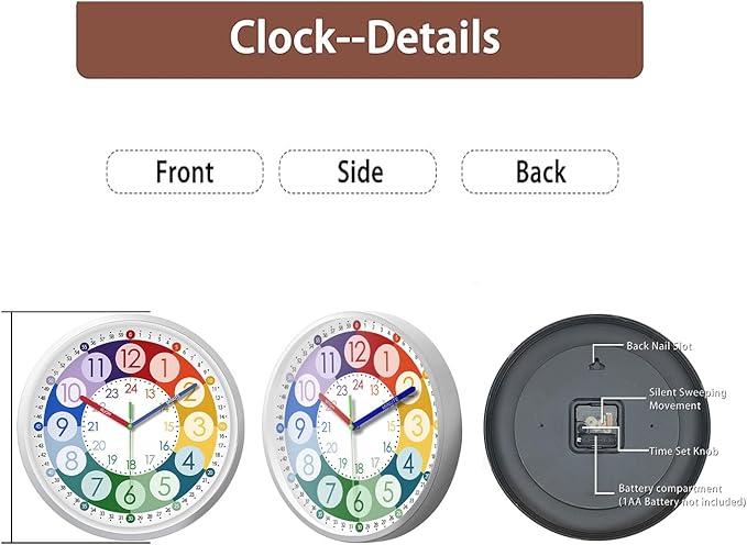 XFM Colorful Kids Wall Clock 14 Inch Silent Wall Clocks Battery Operated - Image 7