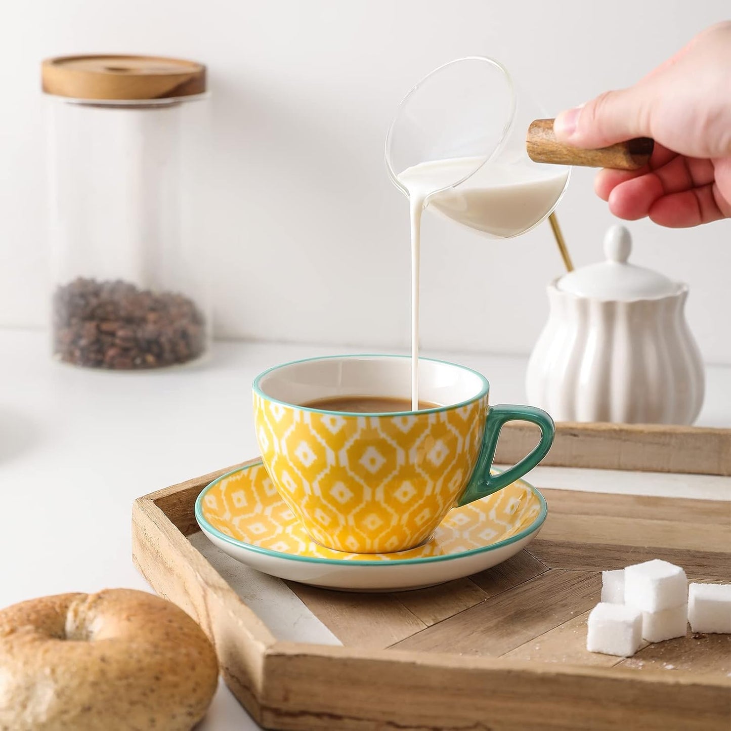 Selamica Ceramic 8 oz Cappuccino Cup Set with Saucers, Espresso Coffee Cups, Latte Macchiato for Party Cafe Home, Set of 6, Assorted Colors