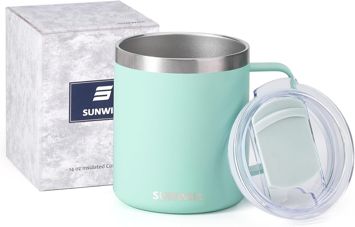 SUNWILL Insulated Coffee Mug with Lid, Travel Tumbler with Handle, 14 oz Stainless Steel Cup for Camping, Office, Home, Powder Coated Mint