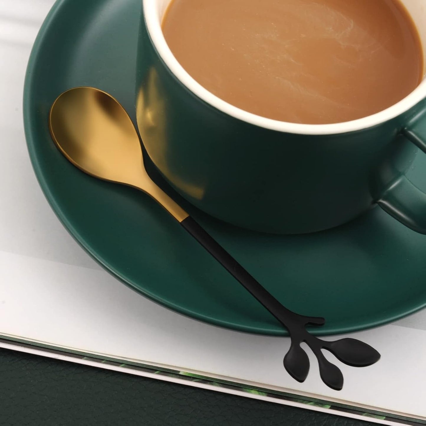 AnSaw 8-Pack Elegant Black & Gold Leaf 4.7" Espresso Spoons - Stainless Steel, Perfect for Coffee, Demitasse, Dessert & Tea, Mini Size for Small Servings