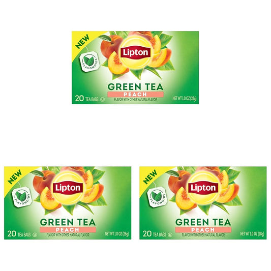 Lipton Peach Green Tea Bags, Flavored, Unsweetened Teabags for Hot Tea or Peach Iced Tea with Caffeine and Flavonoids, 20 Total Tea Bags (Pack of 3)