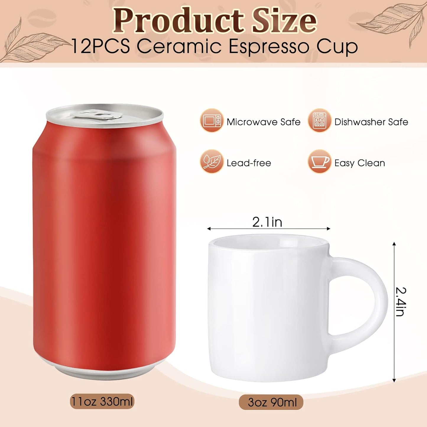 Roshtia 12 Pieces 3 oz Espresso Mugs Espresso Cups Mini Coffee Mugs with Handles Porcelain Coffee Cups Ceramic Smooth Demitasse for Tea Drinks Cocoa Milk Water(White)