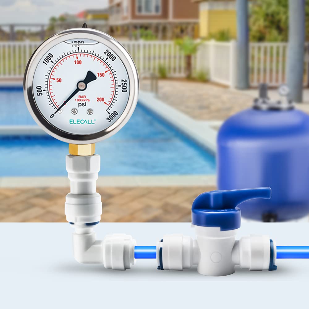 ELECALL 2-1/2” Glycerin Liquid Filled Air Pressure Gauge, 0-3000Psi, 1/4”NPT Lower Mount, Stainless Steel Case, Brass Internals, Water Pressure Gauge