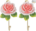 2 Pcs Pink Rose Decorative Wall Hooks, Fancy Resin Flower Towel & Key Hooks by MDPLY