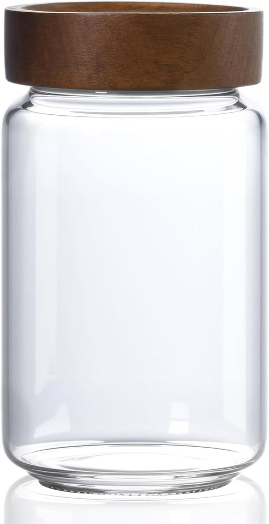 24 oz/710 ml Glass Jar with Airtight Wooden Screw Top Lid, Clear Stackable Food Storage Canister, Medium Cute Decorative Glass Container for Coffee, Candy, Cookie, Sugar, Oatmeal, Salt, Spice