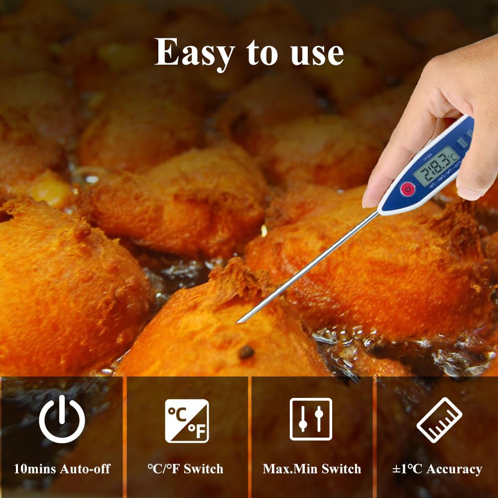 Wisebee Digital Meat Thermometer, Instant Read, ℃/℉ Switch, Long Stainless Steel Probe, Battery Powered, Food Thermometer for Cooking, Baking, Steak, Grilling and Frying (Blue)