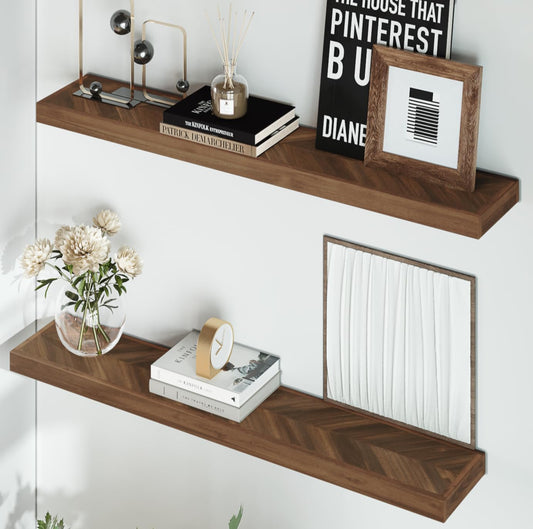 48" Rustic Farmhouse Floating Shelves – Set of 2 Acacia Wood Shelves for Stylish Wall Decor in Kitchen, Bathroom, Unique Chevron Pattern, Dark Walnut Color, 48x8x1.5 Inches - Set of 2 - DIY