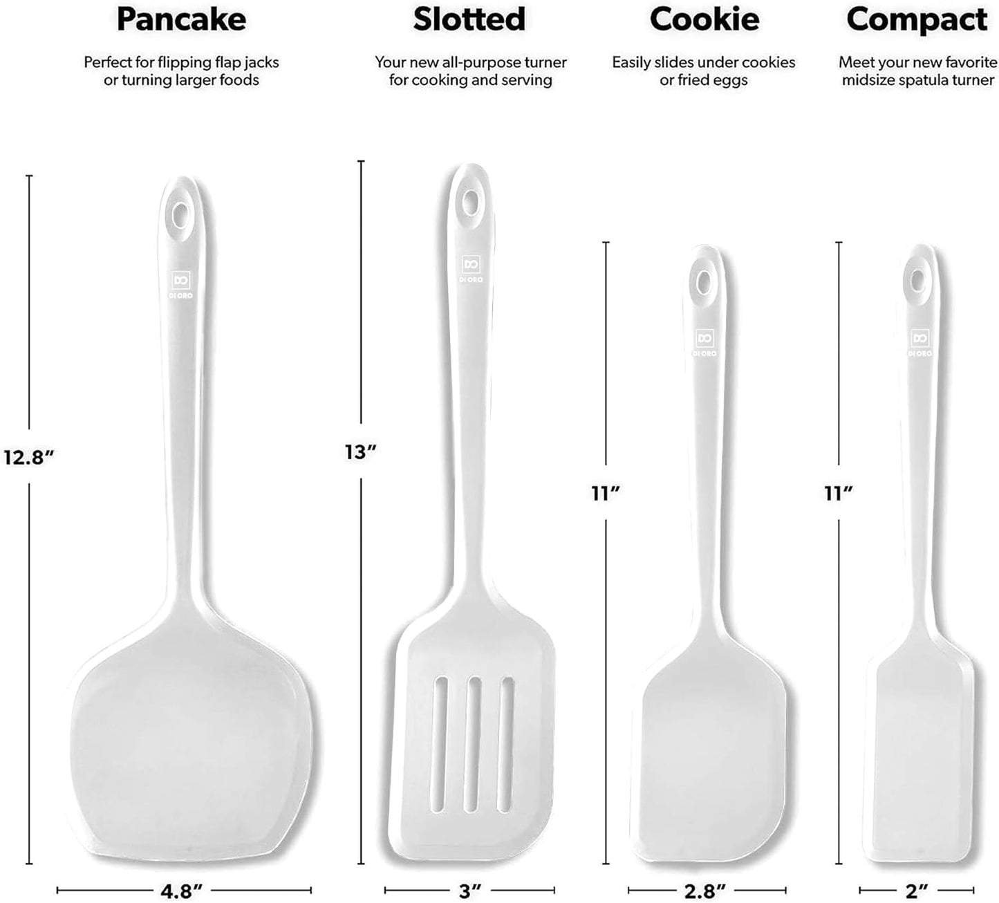 New DI ORO Seamless Series Moda 4-Piece Silicone Turner Spatula Set - 600°F Heat-Resistant Flexible Kitchen Spatulas for Nonstick Cookware - Flippers for Eggs & Pancakes - Utensils for Cooking (Stone)
