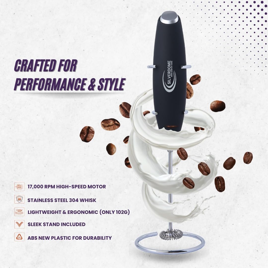 Silverdome's Powerful Handheld Milk Frother, Stainless Steel whisk for Silky Foam in Seconds, Battery Operated(Not Included), Perfect for café-style drinks, Coffee, Lattes, Cappuccino, Hot Chocolate.