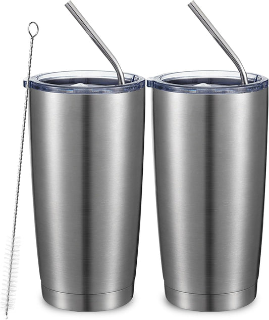 COMOOO 20oz Double Wall Vacuum Insulated Travel Mug, Stainless Steel Tumbler with Lid and Straw Durable Powder Coated Insulated Coffee Cup for Cold & Hot Drinks (Silver. 2 pack