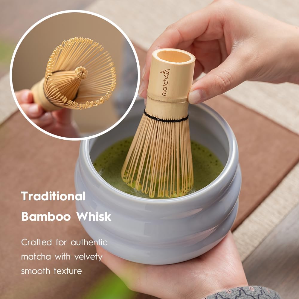 Matcha Whisk Set 8 Pcs - Ceramic Bowl, Bamboo Whisk with Holder, Canister, Sifter, Schima Spoon, Spoon Rest and Tea Towel, Complete Kit for Traditional Matcha and Modern Lattes (Purple)